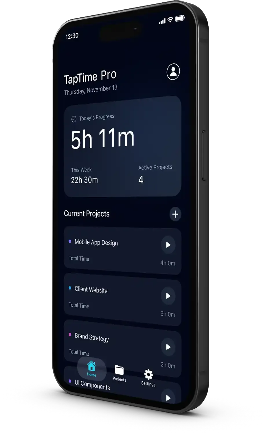Dashboard screen of an iOS time tracker app